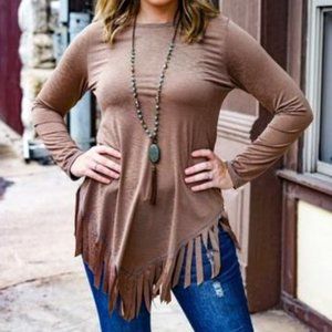 Mocha Long Sleeve Top with Fringe Hem